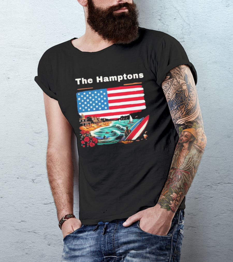 The Hamptons American Flag Beach Oceanside Surfing Scene T-Shirt