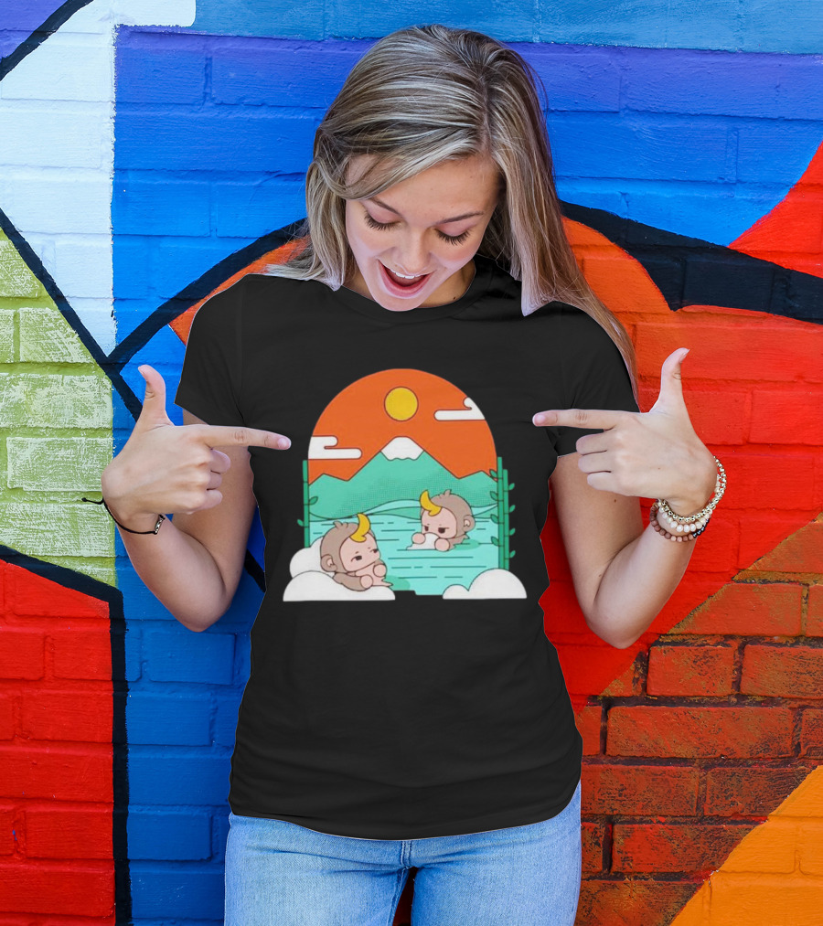 The Tranquil Monkey Hot Spring Relaxation Scene With Mountains And Sun T-Shirt