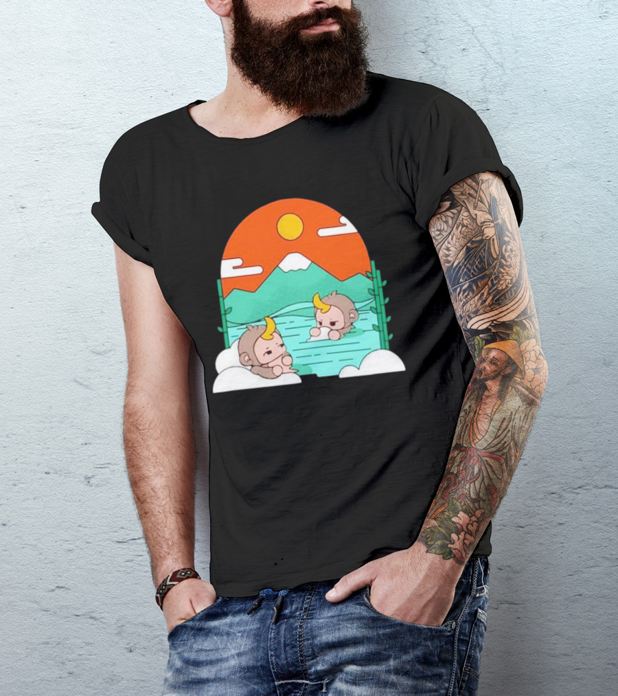 The Tranquil Monkey Hot Spring Relaxation Scene With Mountains And Sun T-Shirt