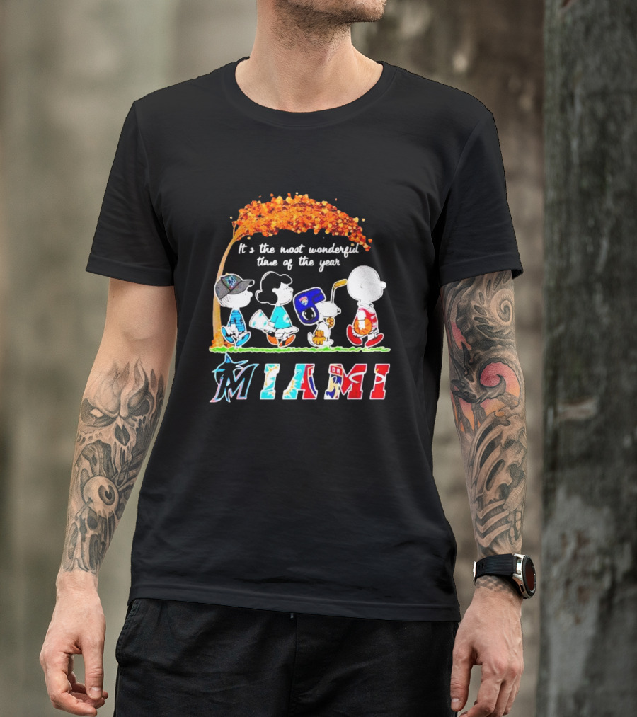 Miami Sports Peanuts Characters Walking Fall It's The Most Wonderful Time Of The Year T-Shirt