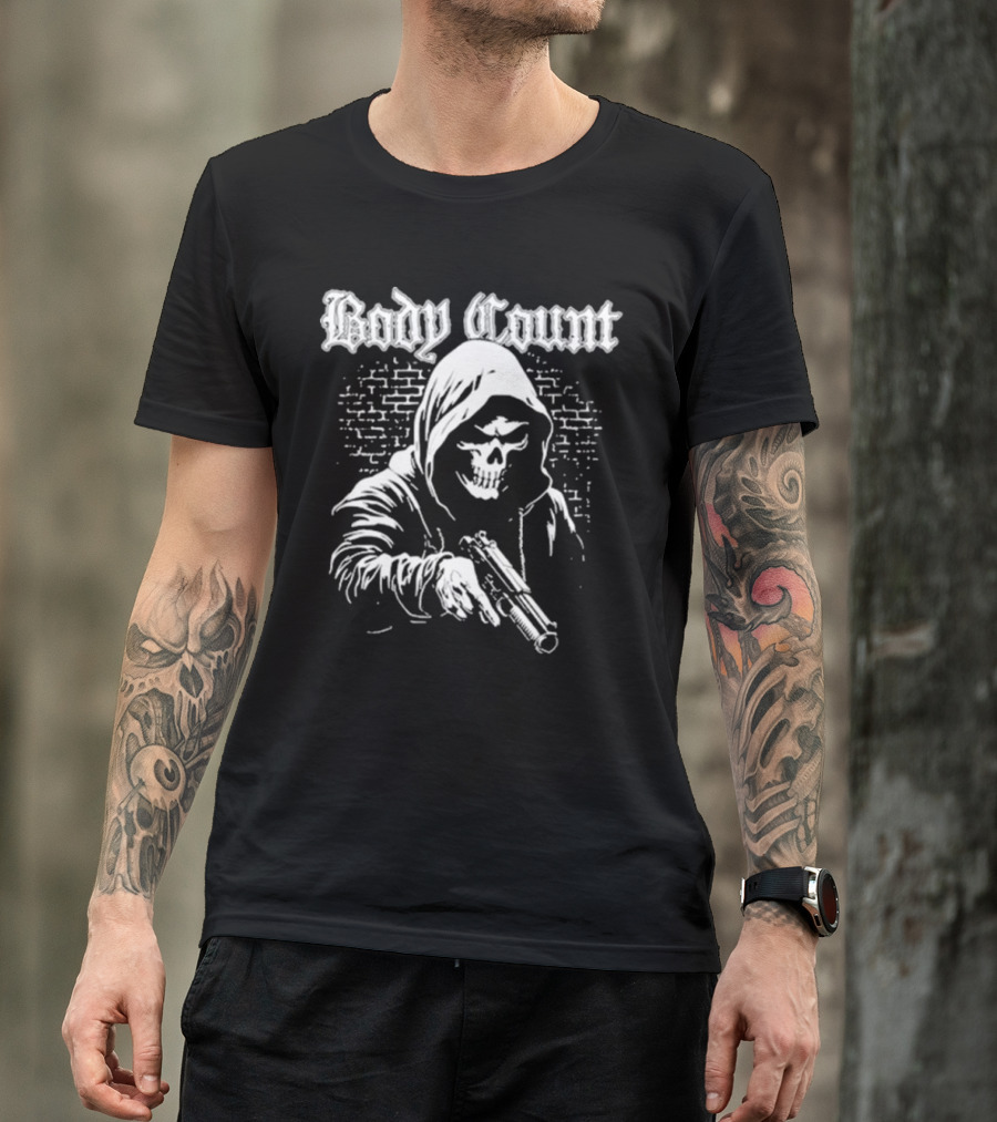 Body Count Hooded Skull With Gun Brick Wall Background T-Shirt