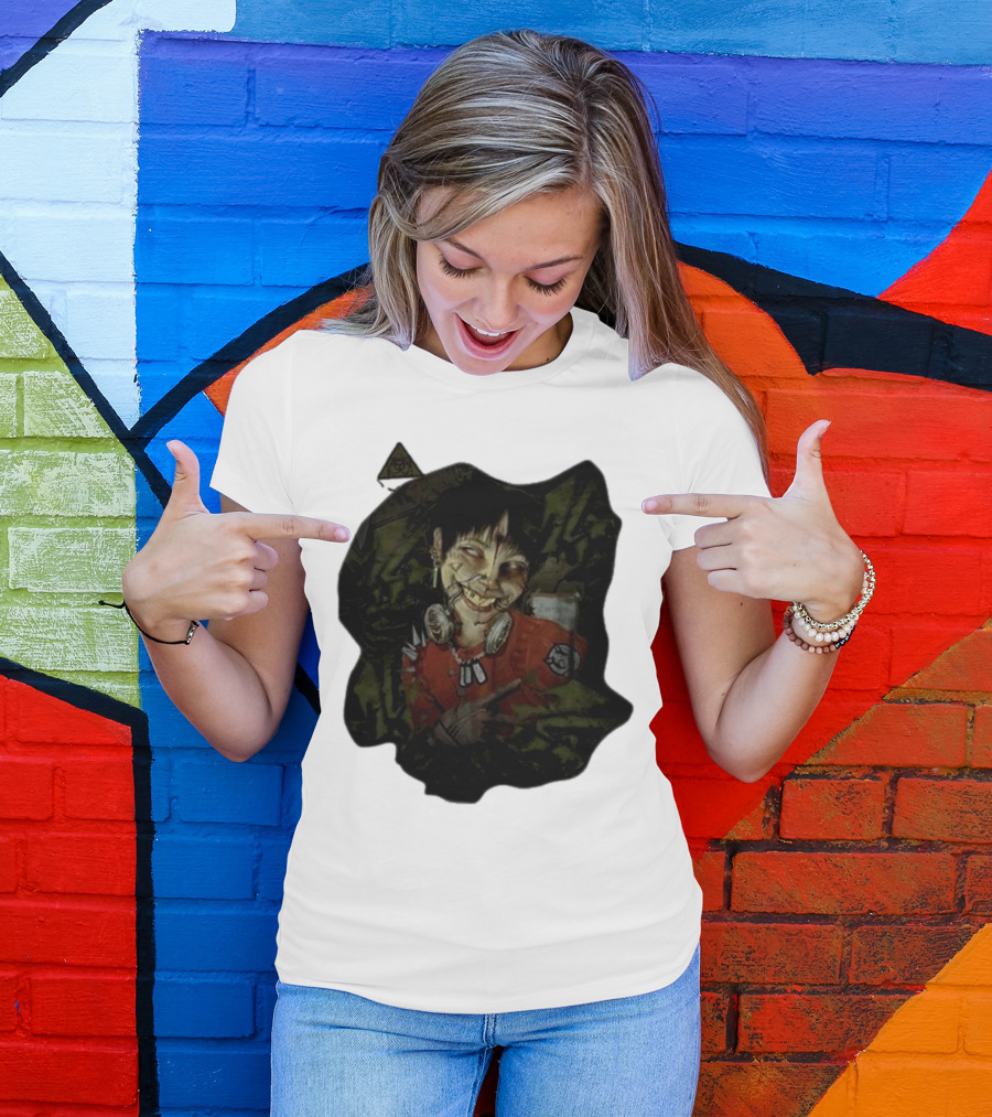 MG Ultra Kid Smiling Masked Figure With Red Outfit And Gas Mask Elements T-Shirt