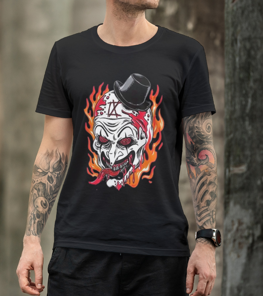 Psychos Only Art Will Never Die Flaming Skull Top Hat T-Shirt
