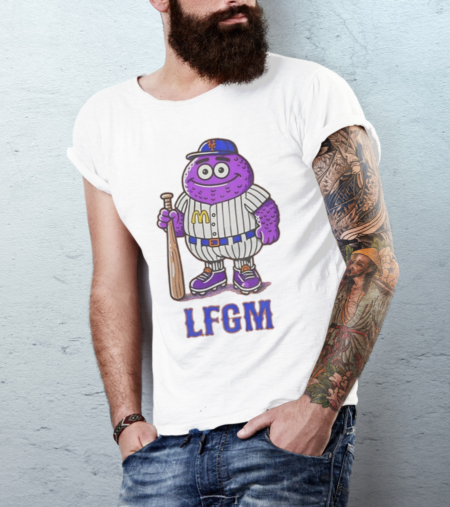 LFGM New York Mets Grimace Cartoon Baseball Bat Character T-Shirt