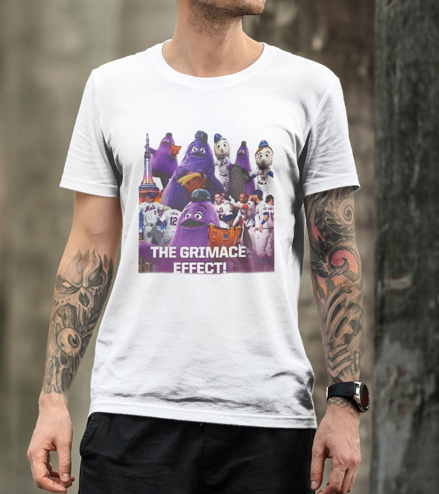 New York Mets The Grimace Effect Baseball Collaboration With Mascot Imagery And Player Interaction T-Shirt