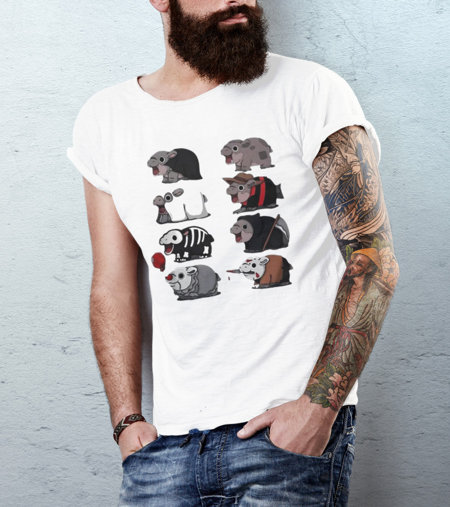 Scary Hippo Moo Deng In Horror Iconic Film Characters T-Shirt