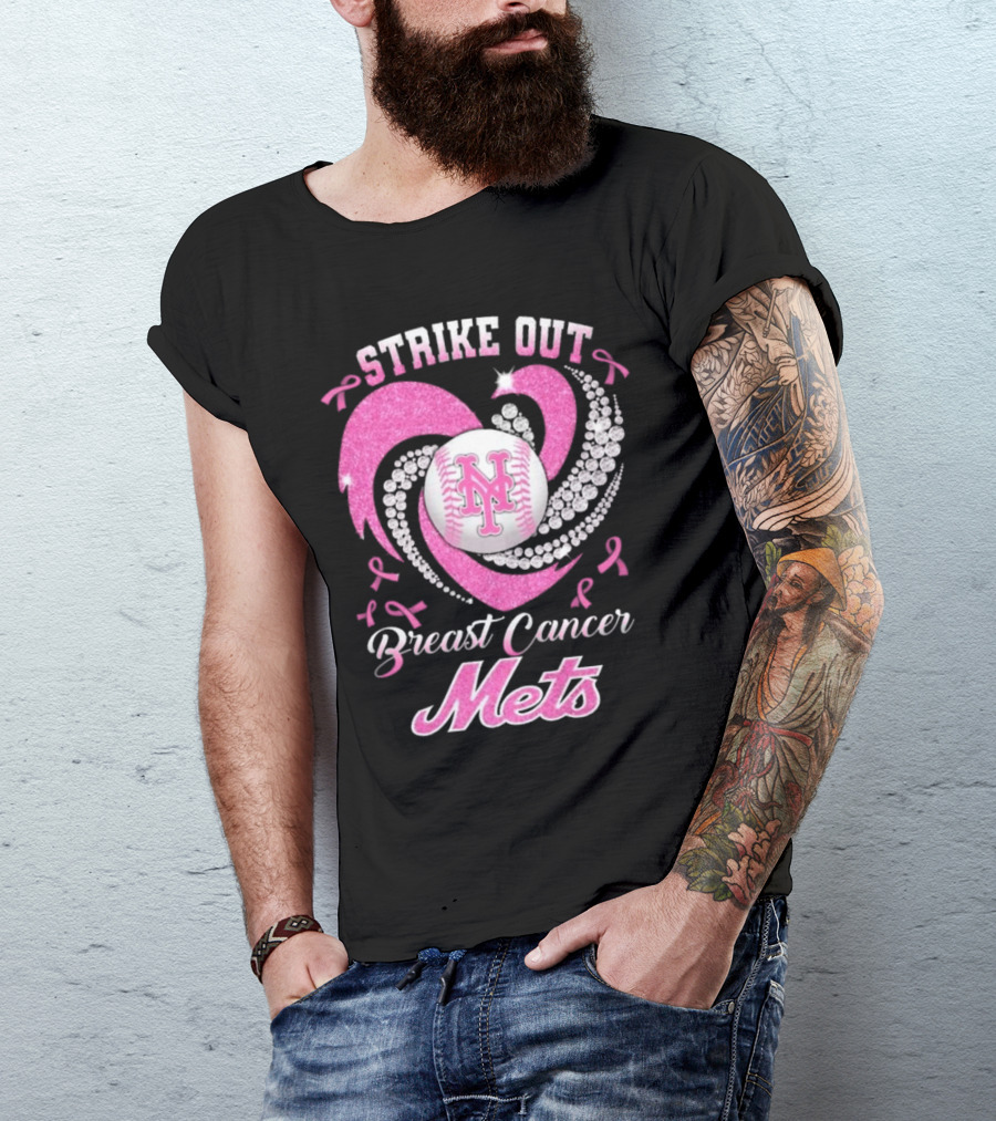 Strike Out Breast Cancer Mets Heart Diamond New York Mets T-Shirt