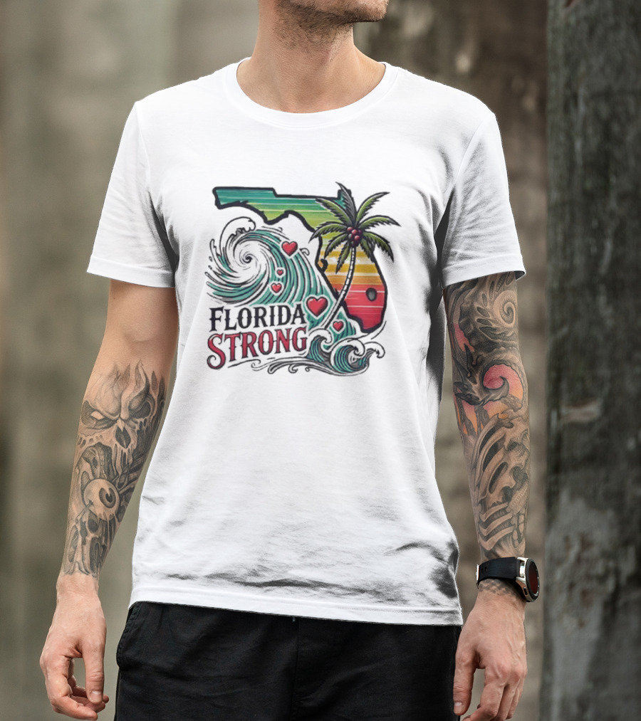 Womens Florida Strong State Outline With Palm Tree And Waves T-Shirt