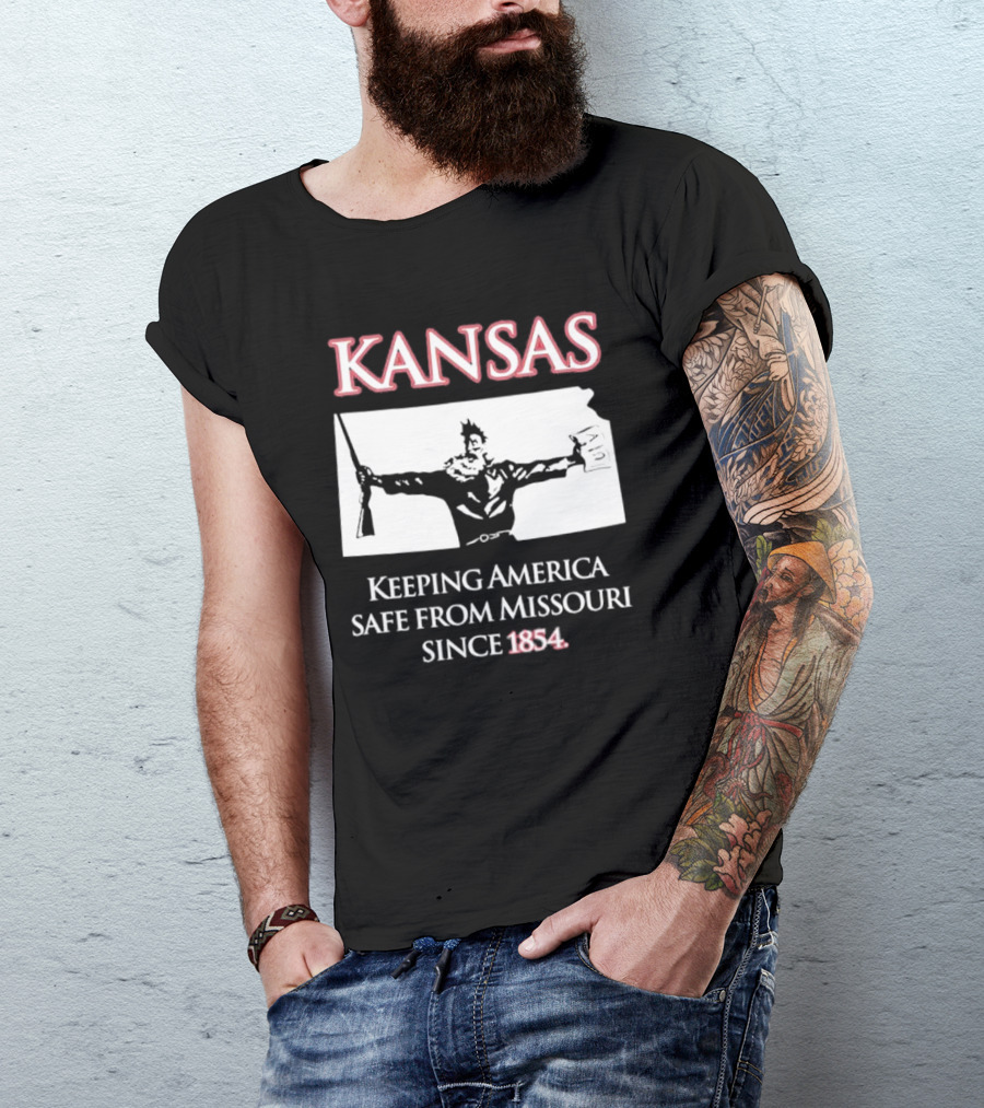 Kansas Keeping America Safe From Missouri Since 1854 Black Shirt With Armed Figure Holding Map And Gun T-Shirt