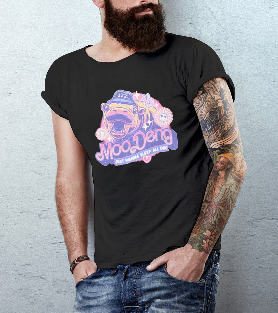 Moo Deng ZZZ Peaceful Sleep All Day With Flowers And Hearts T-Shirt