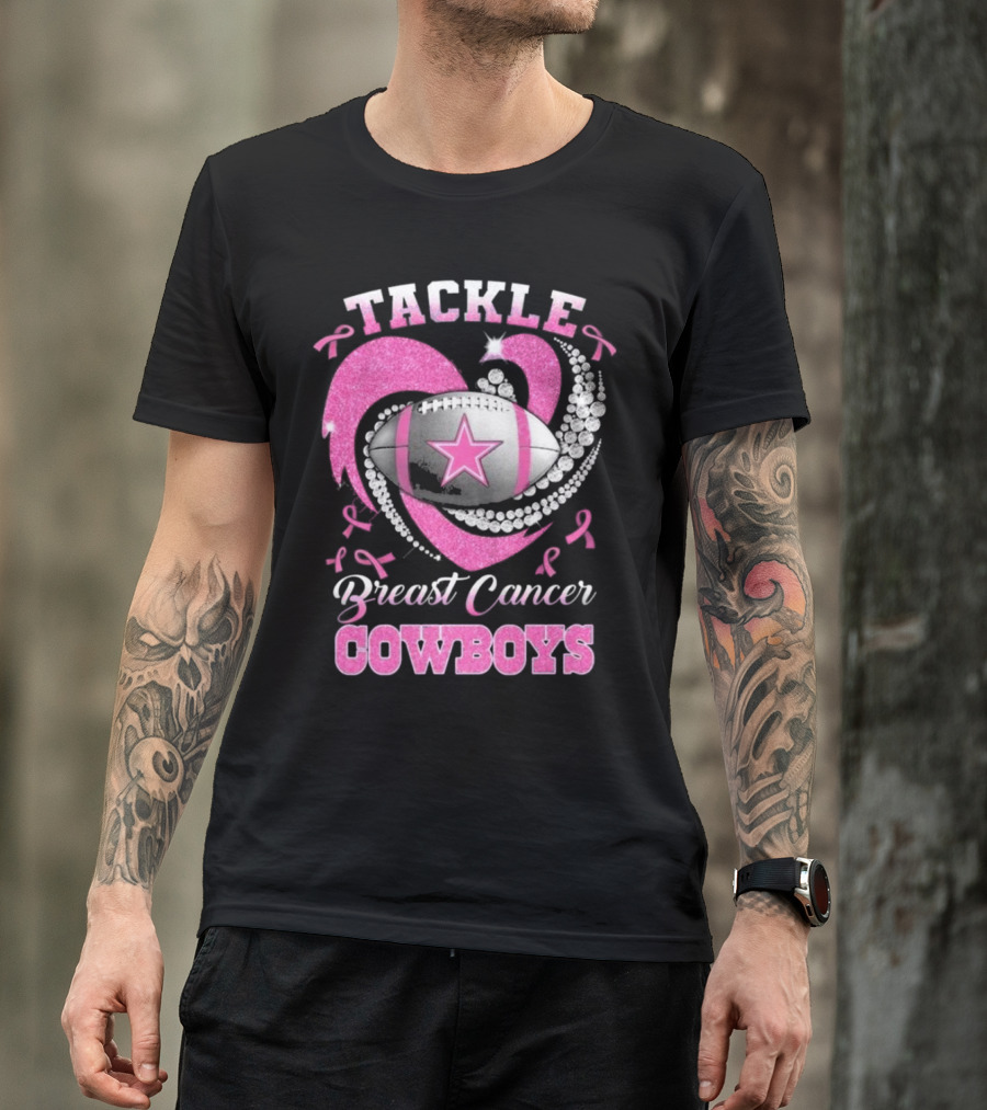 Tackle Breast Cancer Cowboys Heart Football Diamond Pink T-Shirt