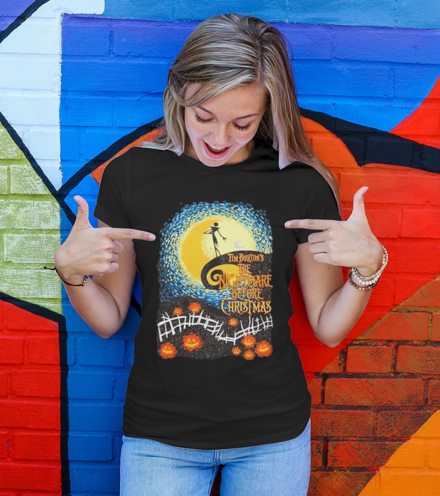 Tim Burton's The Nightmare Before Christmas Starry Night Vintage Pumpkin Fence T-Shirt