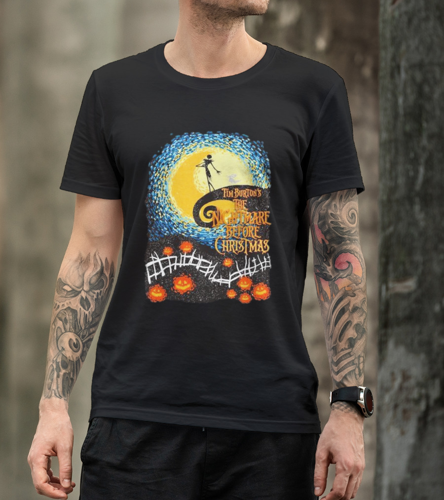 Tim Burton's The Nightmare Before Christmas Starry Night Vintage Pumpkin Fence T-Shirt