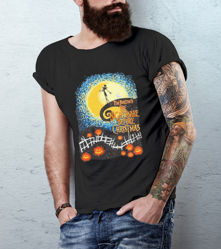 Tim Burton's The Nightmare Before Christmas Starry Night Vintage Pumpkin Fence T-Shirt
