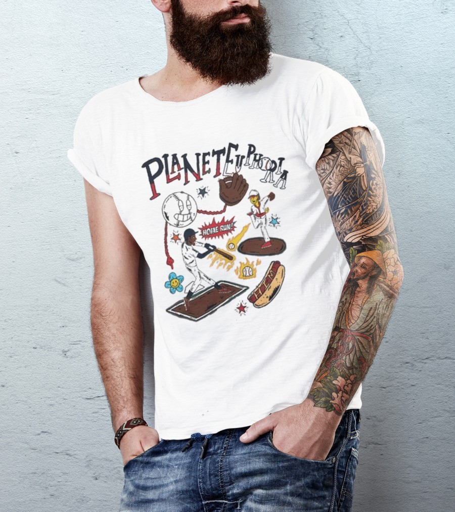 Planet Euphoria Baseball Home Run Hot Dog Illustration With Players And Glove T-Shirt