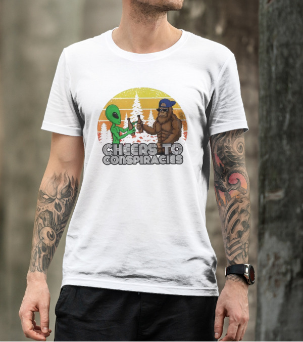 Alien And Bigfoot Cheers To Conspiracies In Retro Sunset Forest T-Shirt
