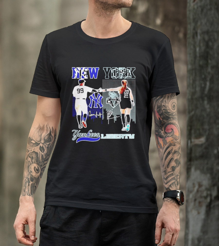 New York Yankees Yankees Aaron Judge Liberty Sabrina Ionescu Signatures Skyline T-Shirt