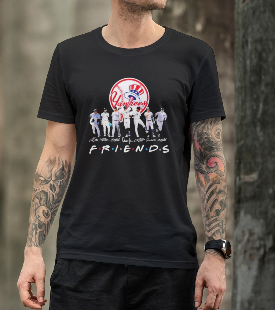 New York Yankees Friends TV Show Style Logo With Baseball Players Signatures T-Shirt