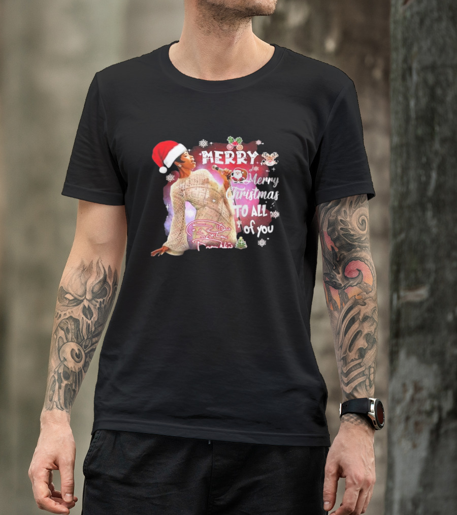 Aretha Franklin Merry Christmas To All Of You Santa Hat Snowflakes T-Shirt