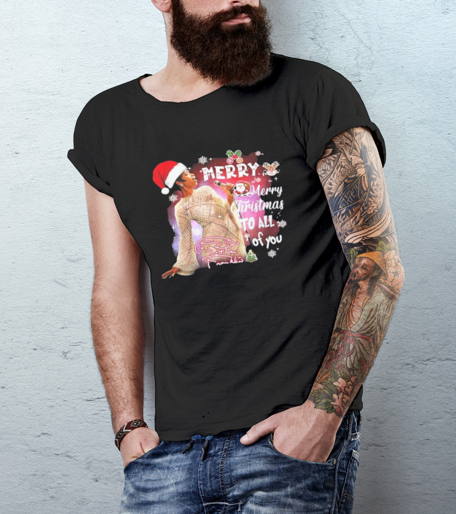 Aretha Franklin Merry Christmas To All Of You Santa Hat Snowflakes T-Shirt