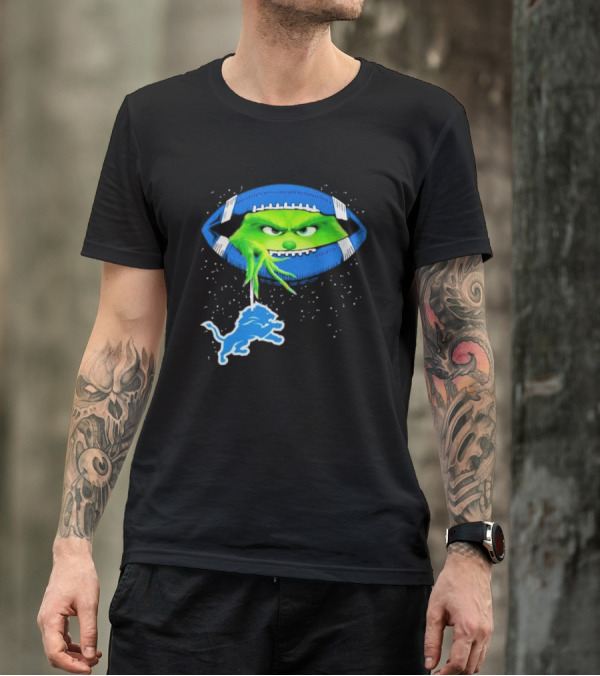 Grinch Holding Detroit Lions Logo Inside Football Christmas T-Shirt