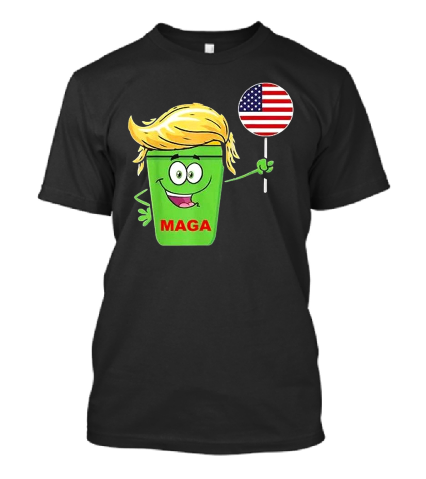 Funny Trump MAGA Cartoon Garbage Can Holding American Flag T-Shirt