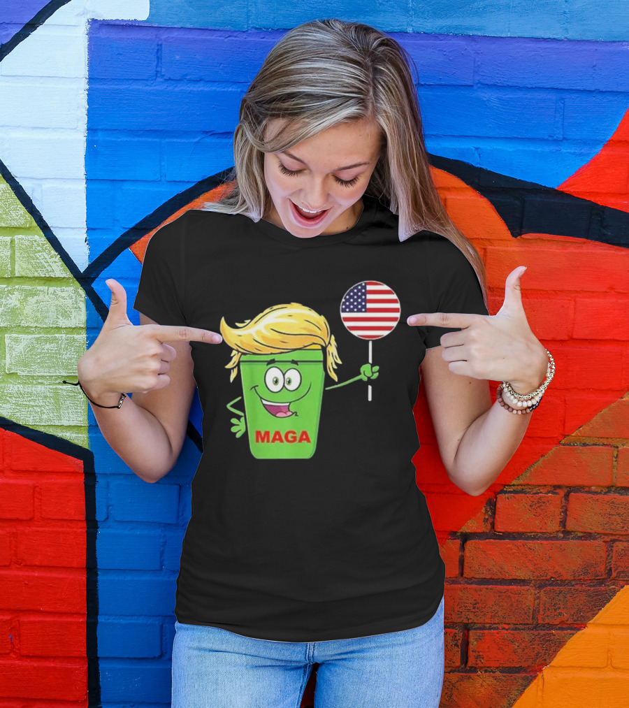 Funny Trump MAGA Cartoon Garbage Can Holding American Flag T-Shirt