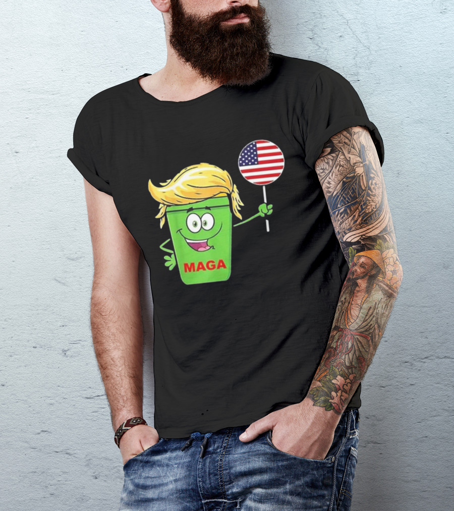 Funny Trump MAGA Cartoon Garbage Can Holding American Flag T-Shirt