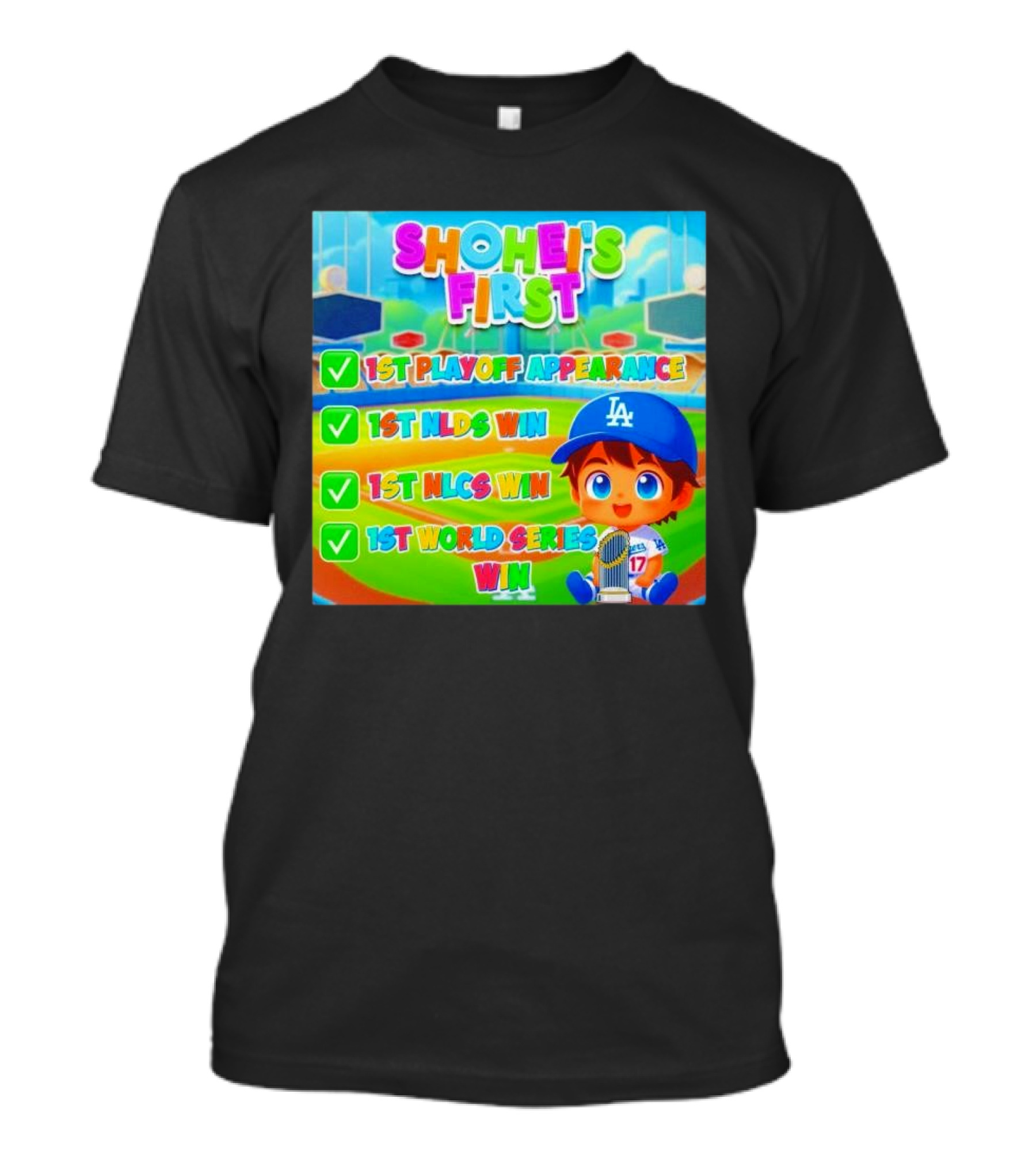 Shohei Ohtani Los Angeles Dodgers First World Series Win Cartoon T-Shirt