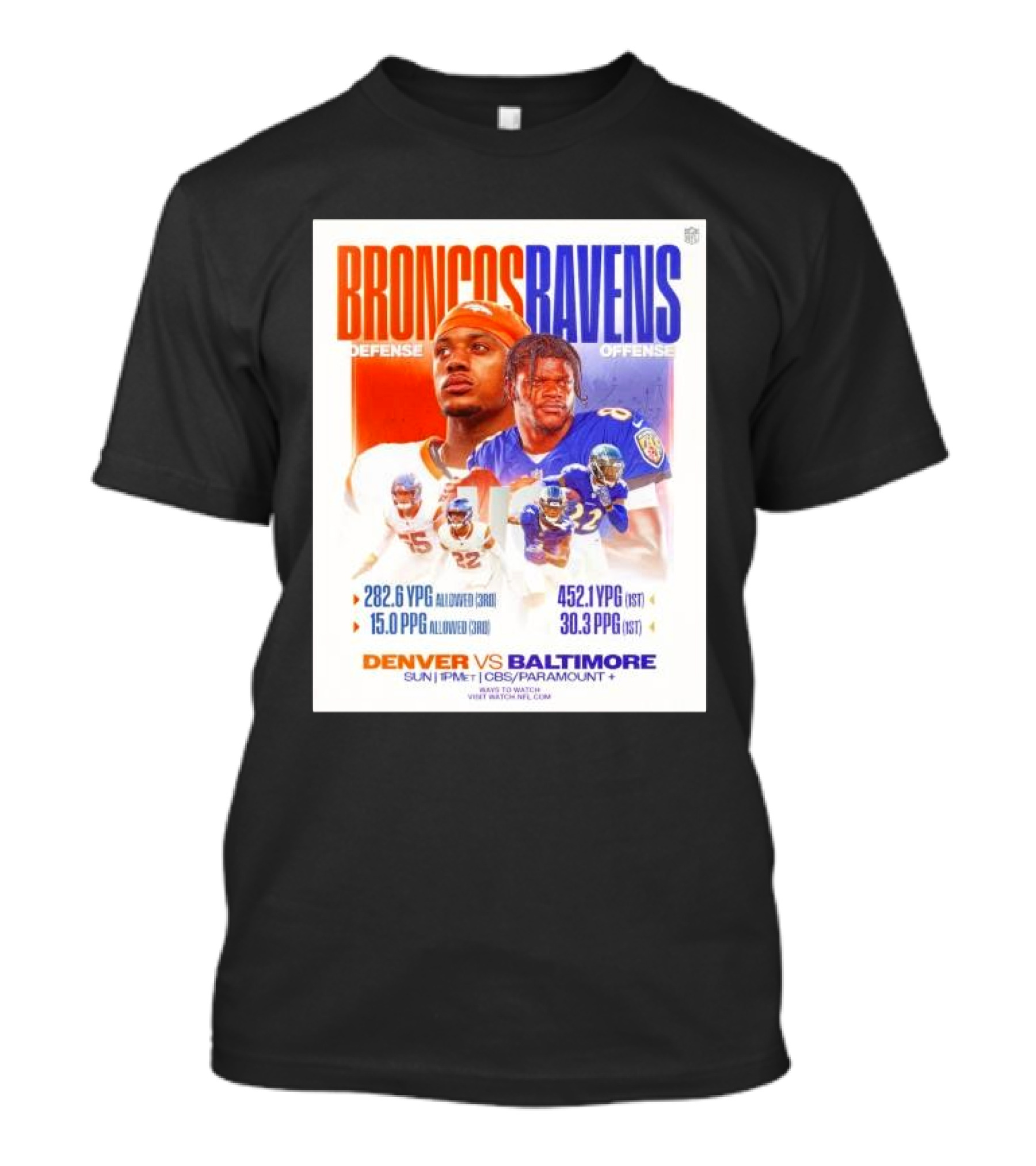 Broncos Ravens Defense Vs Offense Matchup Sunday On CBS/Paramount T-Shirt