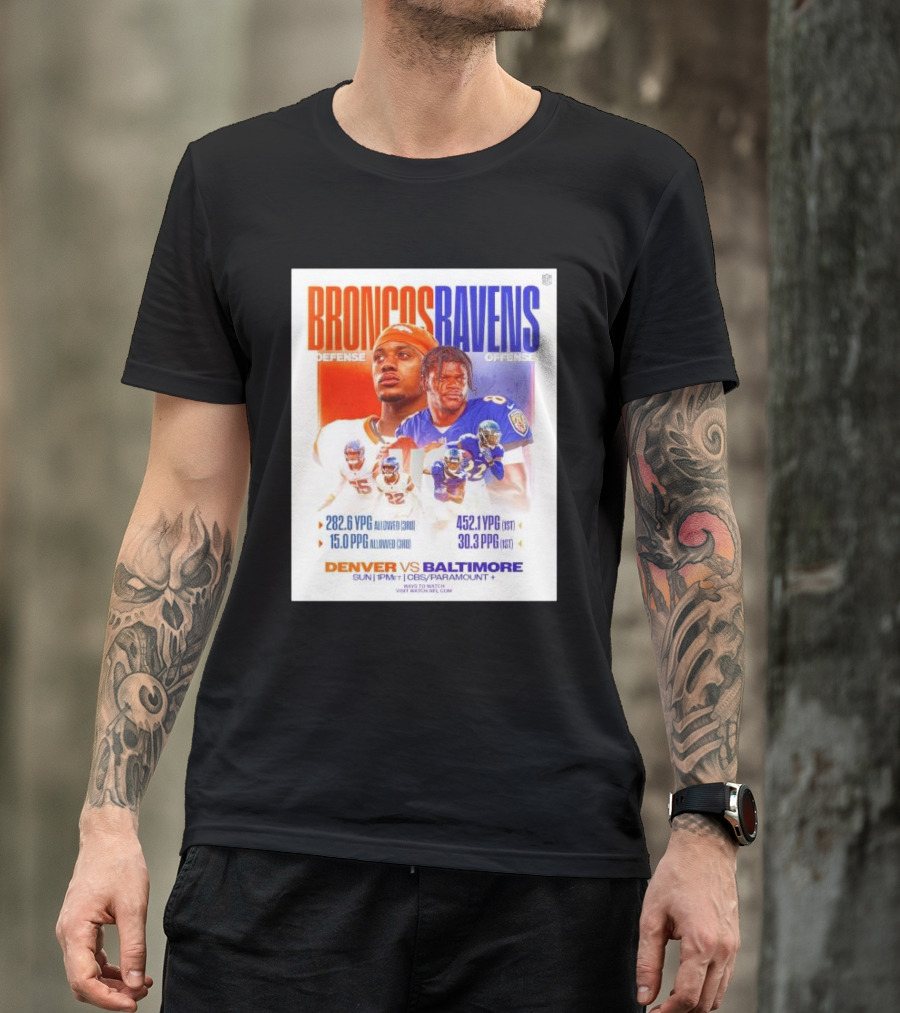 Broncos Ravens Defense Vs Offense Matchup Sunday On CBS/Paramount T-Shirt