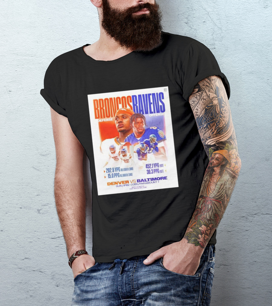 Broncos Ravens Defense Vs Offense Matchup Sunday On CBS/Paramount T-Shirt