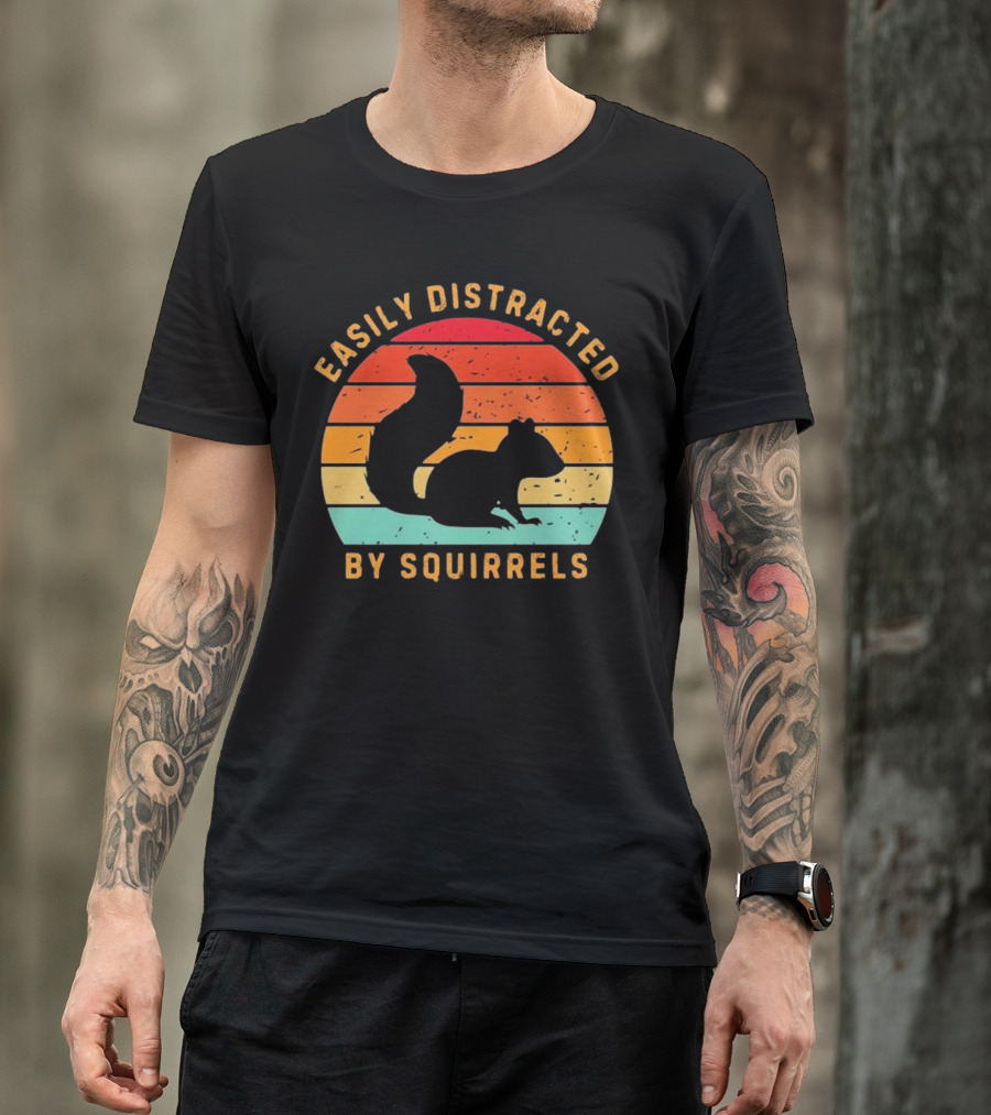 Easily Distracted By Squirrels Justice For Peanuts 2024 Retro Sunset Squirrel T-Shirt