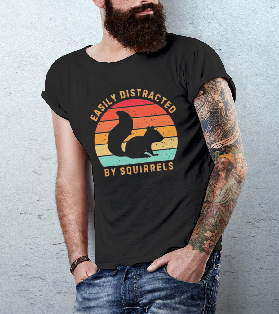 Easily Distracted By Squirrels Justice For Peanuts 2024 Retro Sunset Squirrel T-Shirt