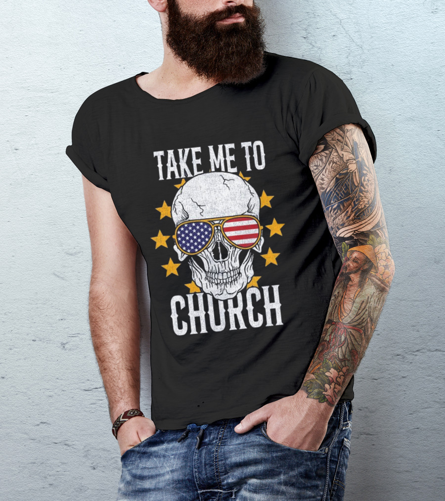 Take Me To Church Skull American Flag Sunglasses T-Shirt