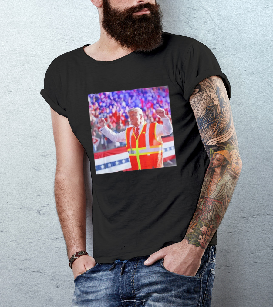 President Trump Worker Vest MAGA 2025 Rally Scene T-Shirt