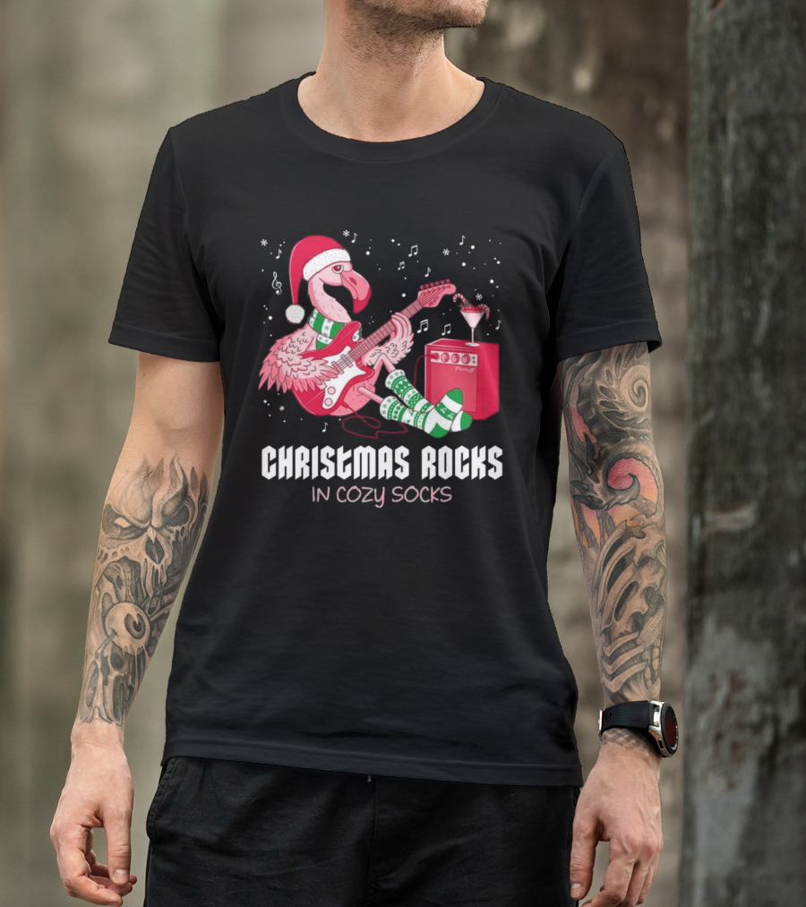 Christmas Rocks In Cozy Socks Flamingo Festive Vibes T-Shirt
