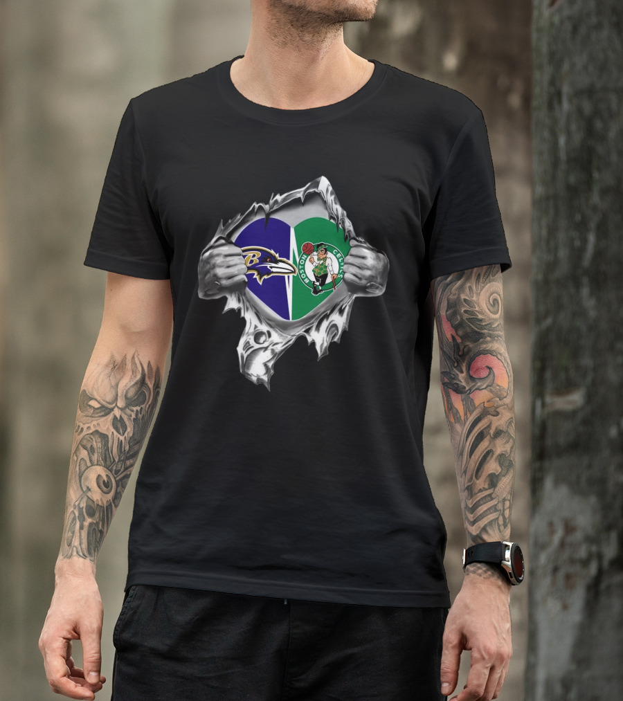 Blood Inside Me Baltimore Ravens Boston Celtics 2024 Heart T-Shirt