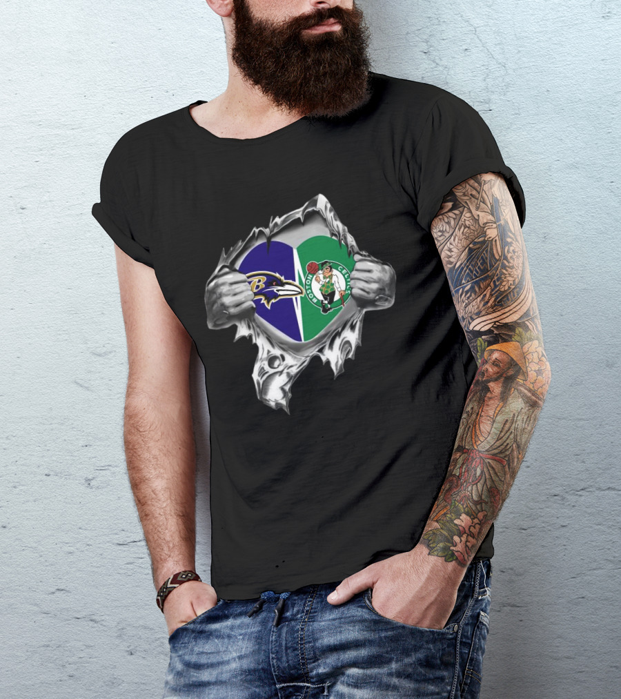 Blood Inside Me Baltimore Ravens Boston Celtics 2024 Heart T-Shirt