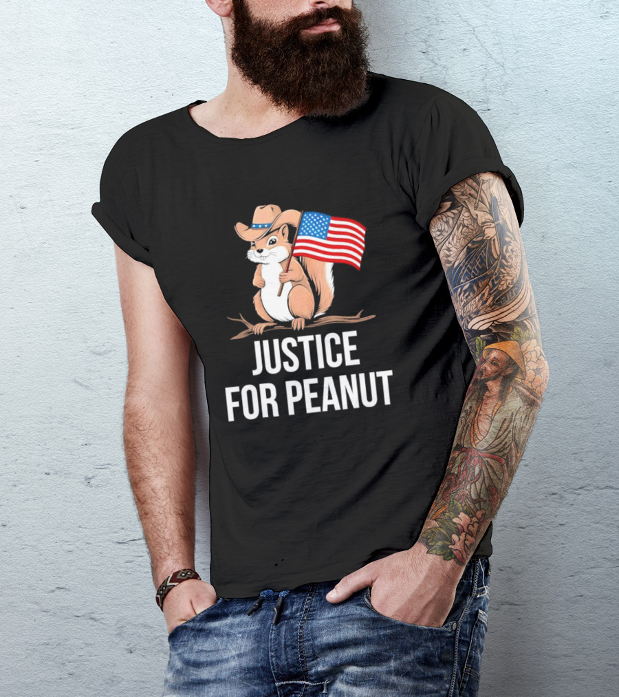 Justice For Peanut Squirrel Holding US Flag In Cowboy Hat T-Shirt