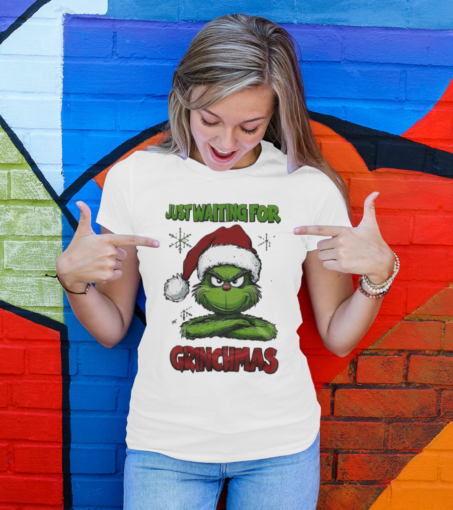 Just Waiting For Grinchmas 2024 Grinch Santa Hat T-Shirt
