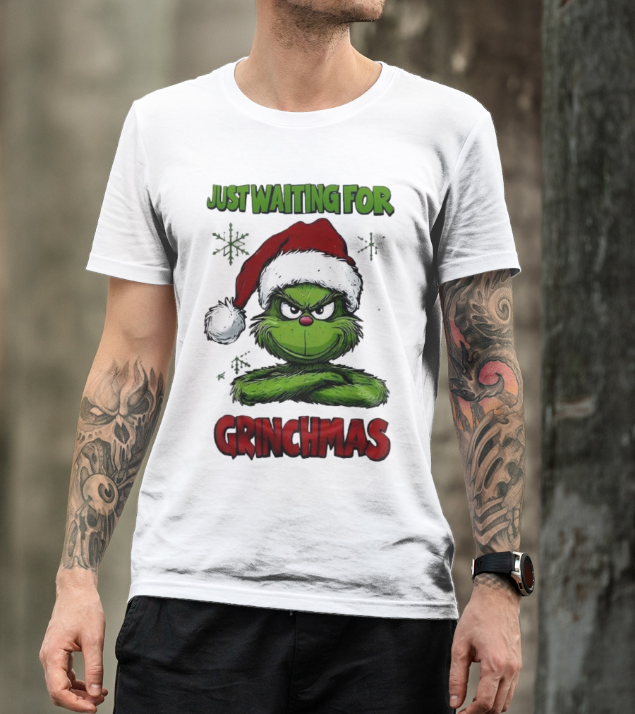 Just Waiting For Grinchmas 2024 Grinch Santa Hat T-Shirt