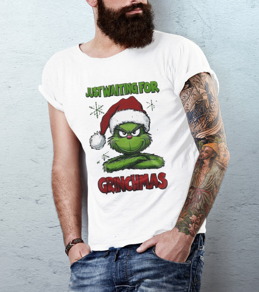 Just Waiting For Grinchmas 2024 Grinch Santa Hat T-Shirt
