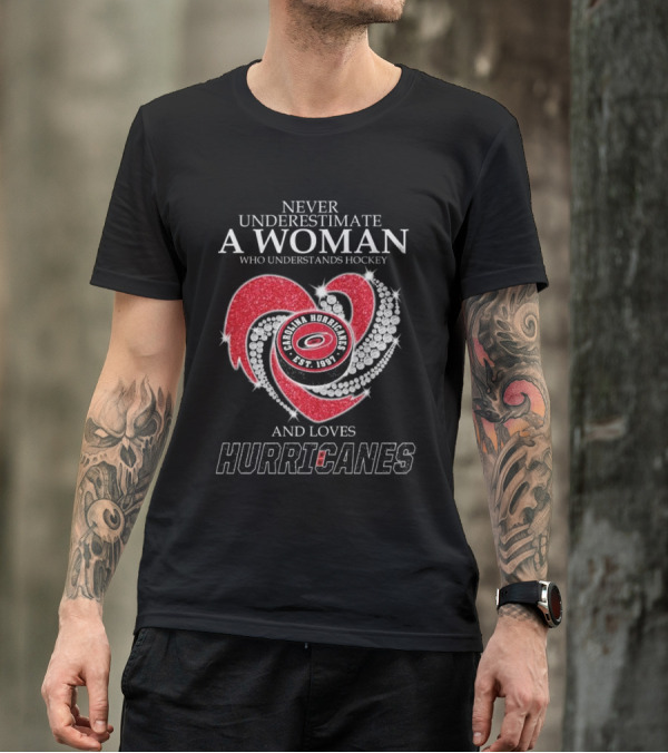 Never Underestimate A Woman Who Understands Hockey And Loves Carolina Hurricanes Est. 1997 Diamond Heart T-Shirt