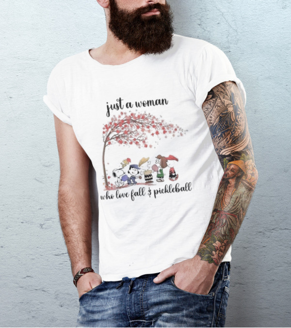 Just A Woman Who Loves Fall And Pickleball Snoopy Peanuts Charlie Brown Woodstock Linus Peppermint Patty T-Shirt