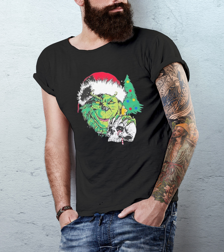 Grinch Santa Hat Skull Christmas Tree Scene T-Shirt