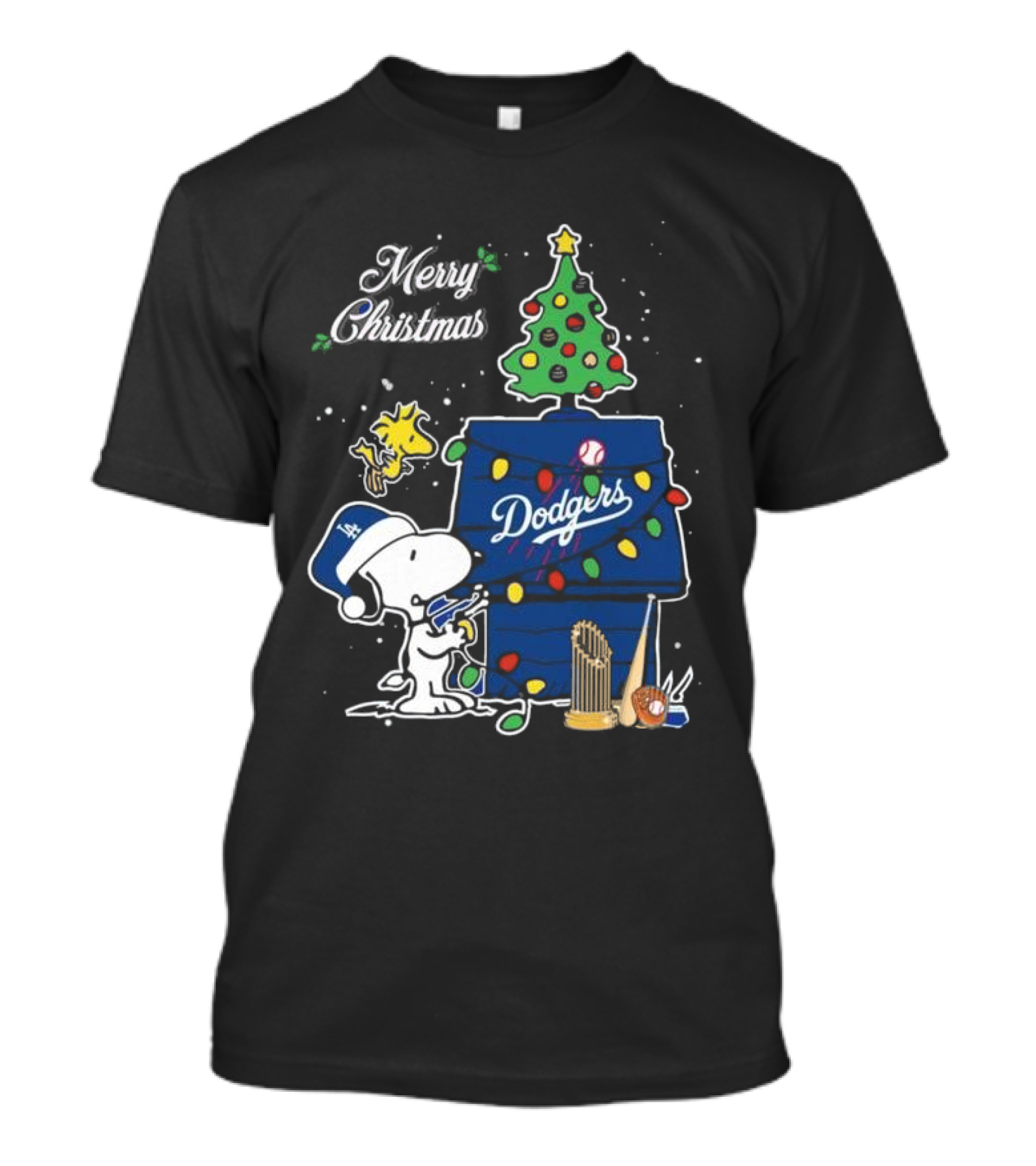 Los Angeles Dodgers Snoopy Merry Christmas Tree 2024 Peanuts Woodstock Santa Hat T-Shirt