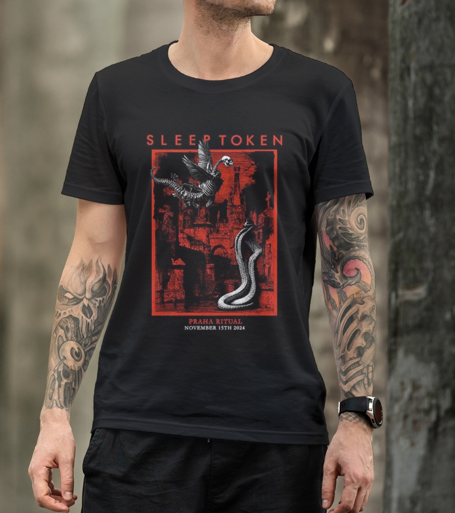 Sleep Token Praha Ritual November 15th 2024 Concert Art With Gothic Cityscape And Skeletal Creatures T-Shirt