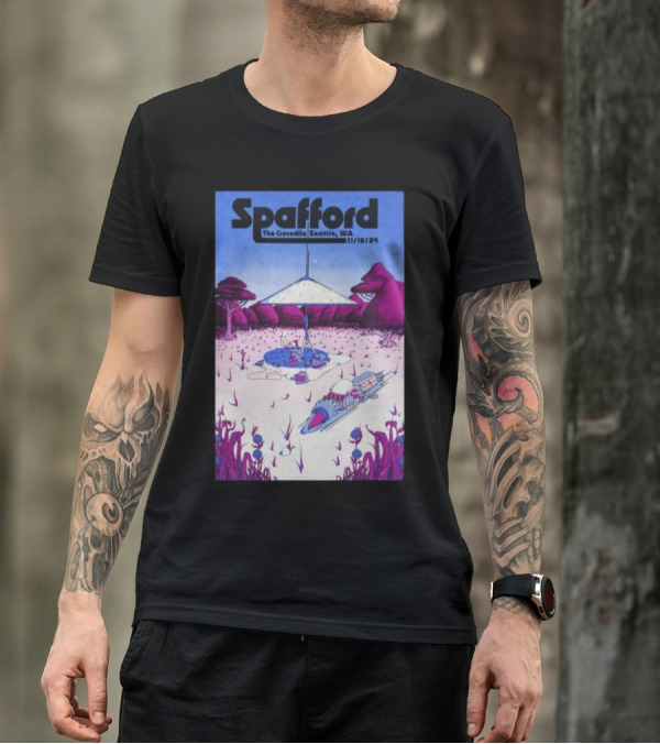 Spafford The Crocodile Seattle WA 11/10/24 Futuristic Landscape With Purple Trees And Spaceships T-Shirt