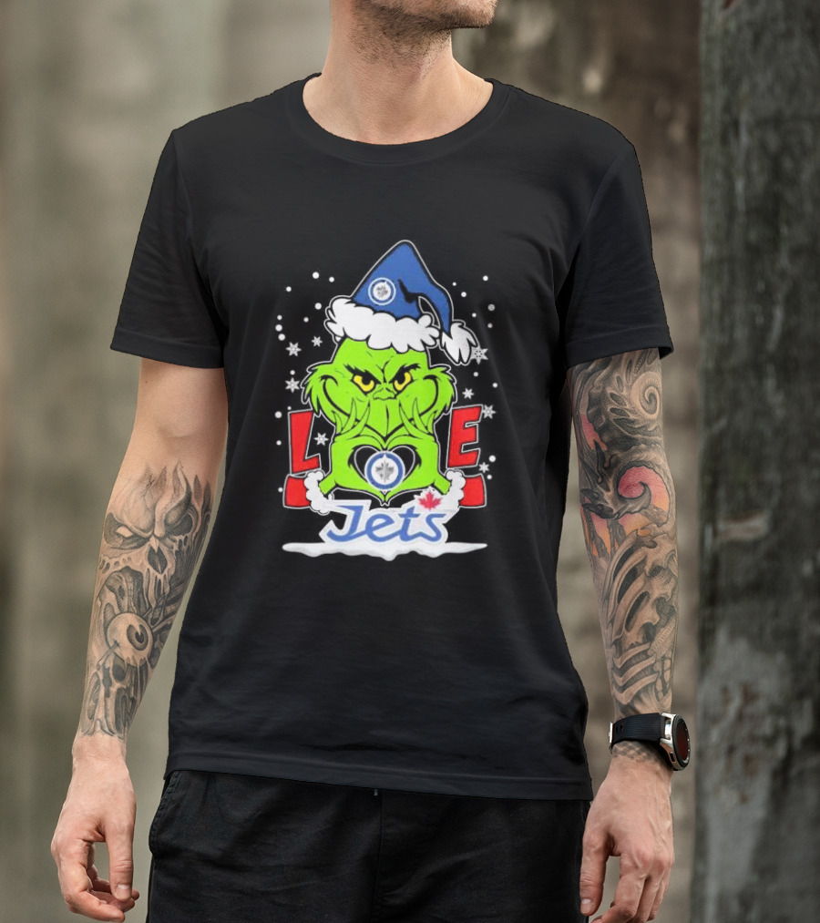 Grinch Heart Hands Love Winnipeg Jets Christmas Santa Hat Snowflakes T-Shirt